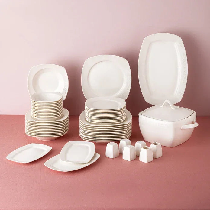 Emsan Bone New Begonia 12 Person Dinner Set 60 Pieces Half Square - Emsan Jordan
