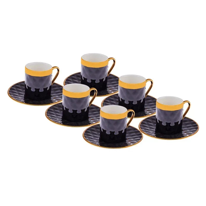 Set of six elegant black and gold Turkish coffee cups with matching saucers by Emsan Jordan