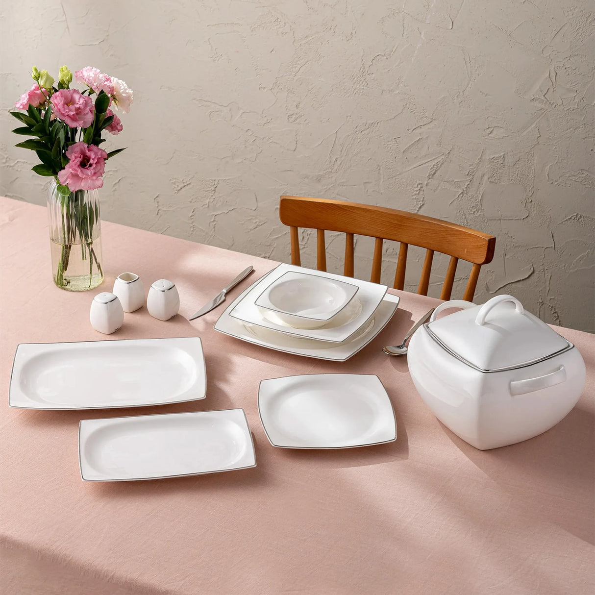 Emsan Yeni Karmen 60-Piece 12-Person Square Dinner Set – Platinum - Emsan Jordan