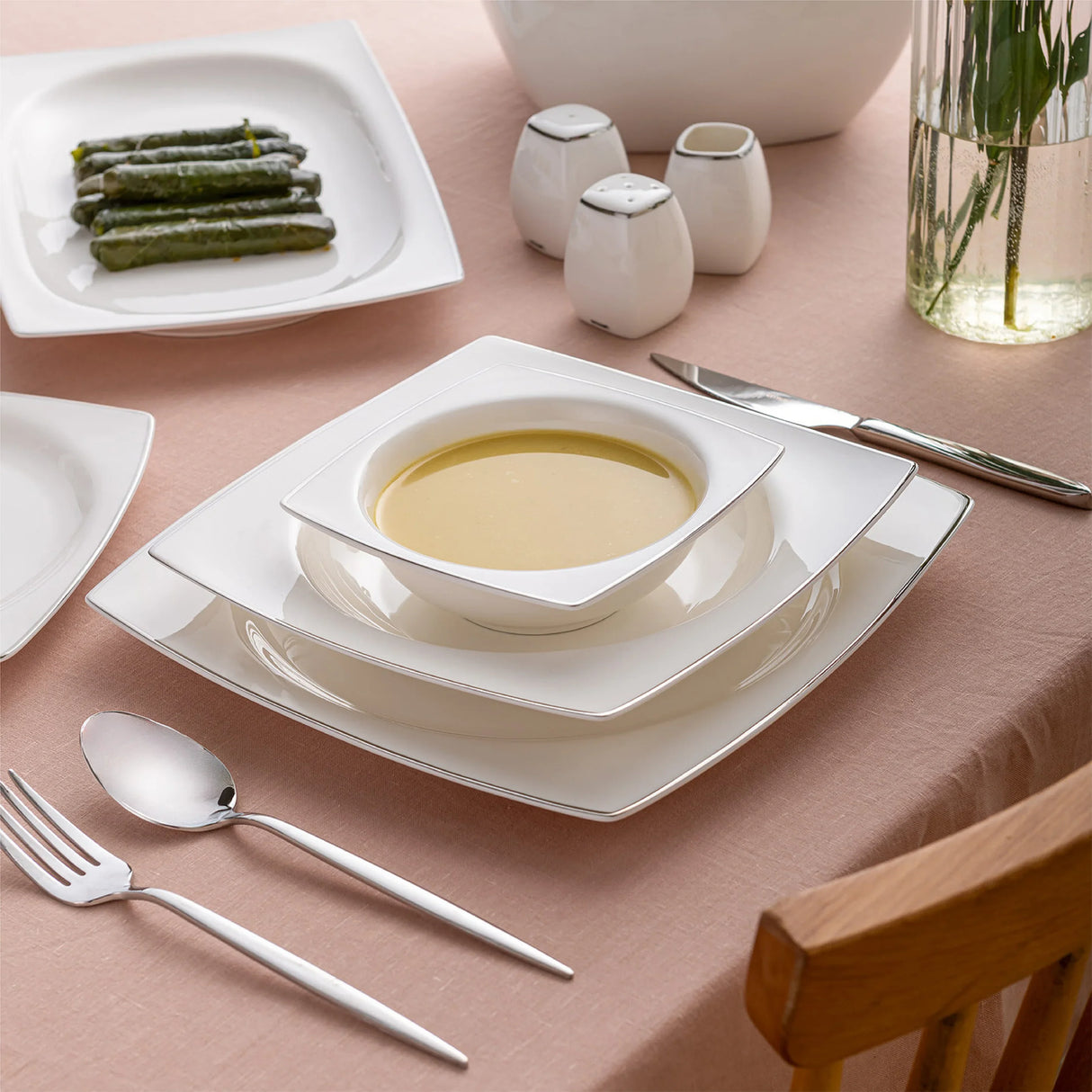 Emsan Yeni Karmen 60-Piece 12-Person Square Dinner Set – Platinum - Emsan Jordan