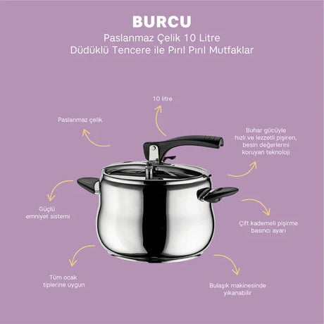 Emsan Burcu 10 L Stainless Steel Pressure Cooker - Emsan Jordan