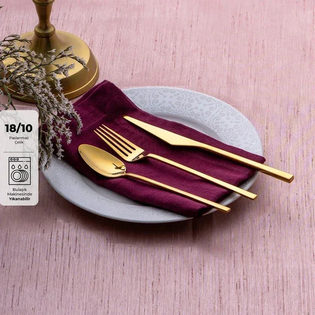 Emsan Alba 18-Piece Glossy Gold Dessert Boxed Fork Spoon Knife Set - Emsan Jordan