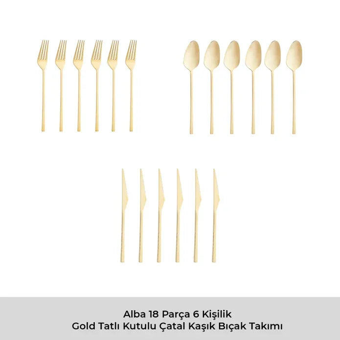Emsan Alba 18-Piece Glossy Gold Dessert Boxed Fork Spoon Knife Set - Emsan Jordan