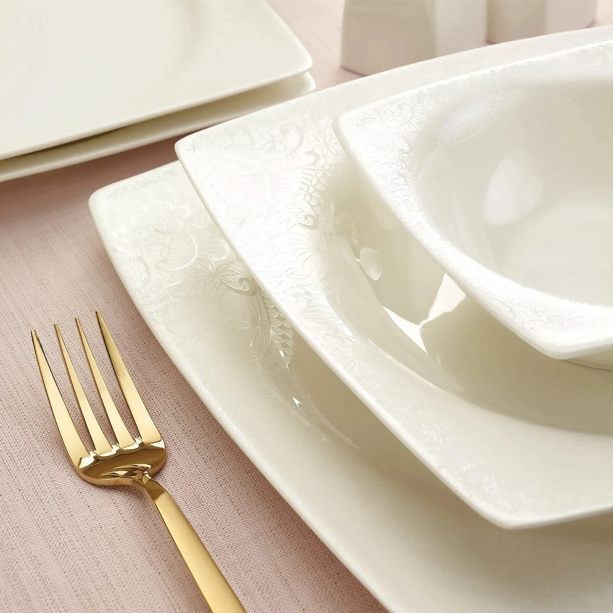 Emsan Fine Bone Meyra 61-Piece 12-Person Square Dinner Set - Emsan Jordan