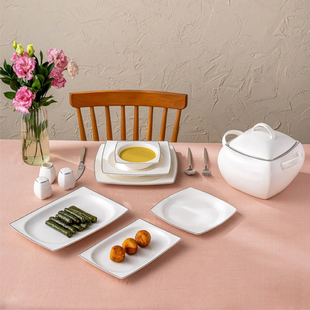 Emsan Yeni Karmen 60-Piece 12-Person Square Dinner Set – Platinum - Emsan Jordan