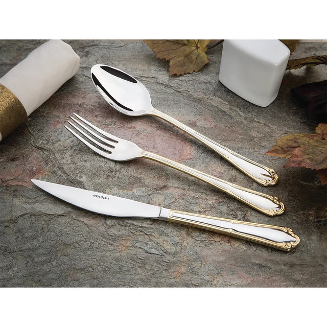 Emsan Elegance Göksu Gold 84-Piece Cutlery Set for 12 People with Luxury Box
(includes forks, spoons, and knives) - Emsan Jordan